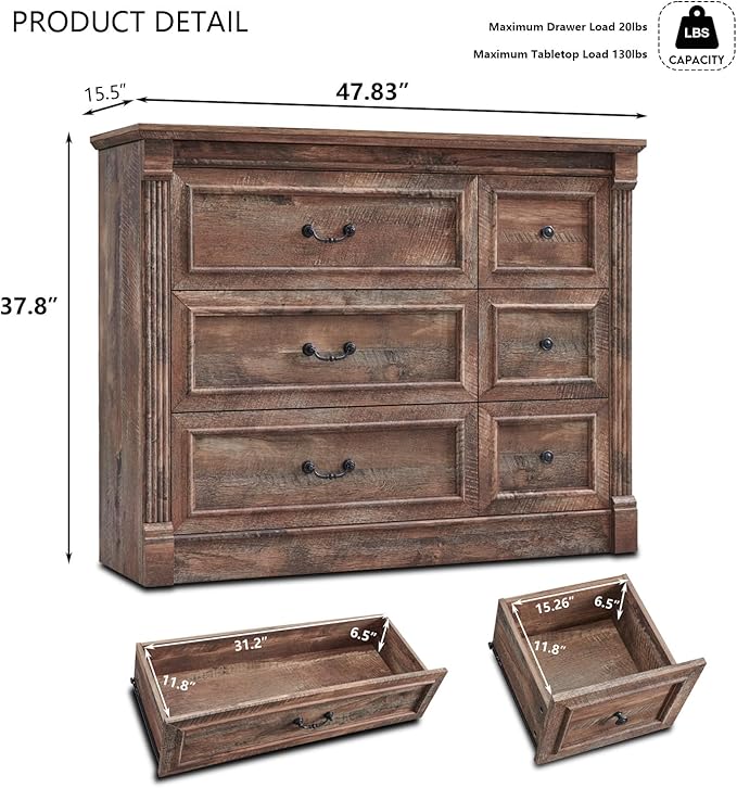 Farmhouse 6 Drawers Dresser for Bedroom, 48" Wide Large Dressers & Chests of Drawers w/Roman Column, Storage Dressers Organizer for Bedroom, Hallway, Living Room, Light Brown