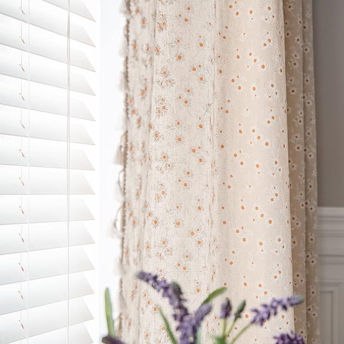 ENJOYBRIDAL Daisy Floral Curtains 96 Inch Length 4 Panels Tassel Long Drapes Rod Pocket Semi Sheer Boho Bedroom Window Curtain Panels Living Room Farmhouse Rustic Bohemian Window Treatment