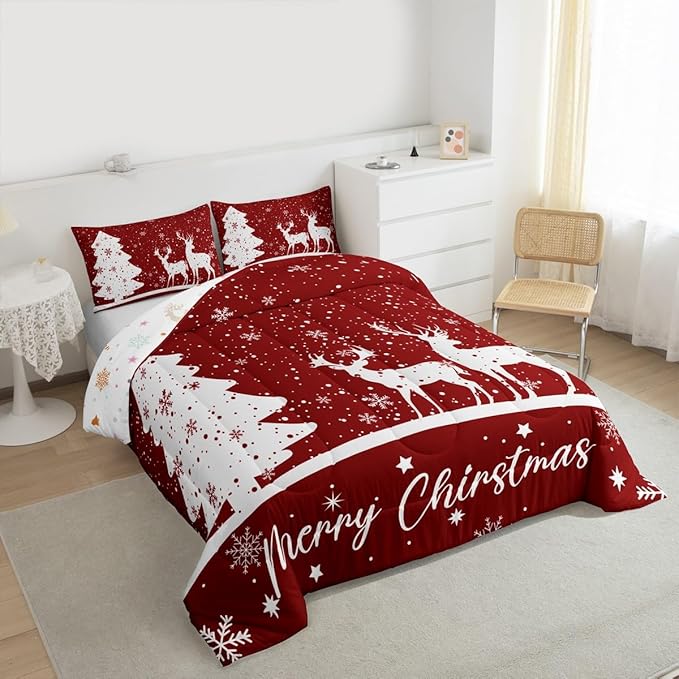 Merry Christmas Kids Comforter Set Full Size,Deer Elk Pine Trees Bedding,Girls Boys Adults Bedroom/Xmas Cabin Decor,Snowflake Romantic Down Comforter,Rustic New Year Red Duvet Insert,2 Pillowcases