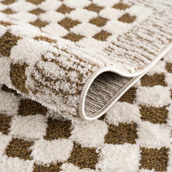 Hauteloom Leryn Living Room, Bedroom Area Rug - Checkered - High Pile - Bone - 7'10" x 10'