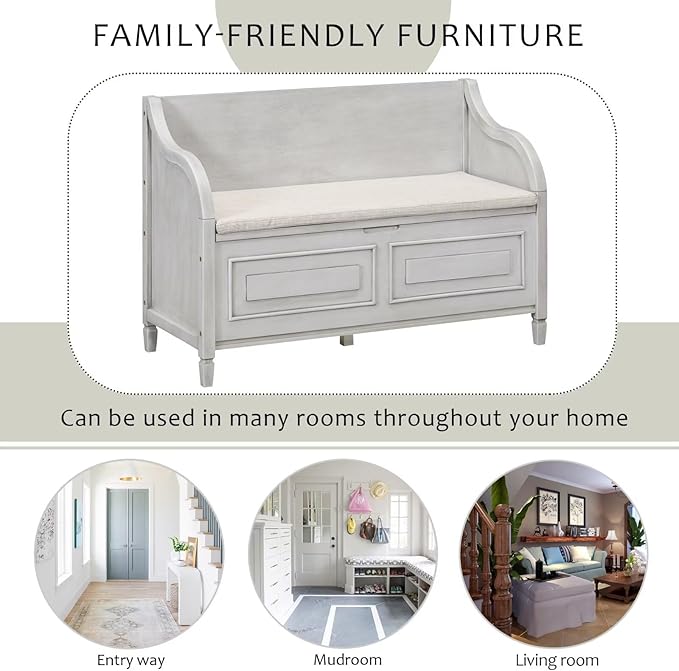Merax Storage Bench, 41.9” Solid Wood Storage Chest with Backrest and Safety Hinge, Large Storage Space Bench with Upholstered Cushions,Supports 250 lb and Easy Assembly for Small Space, Gray