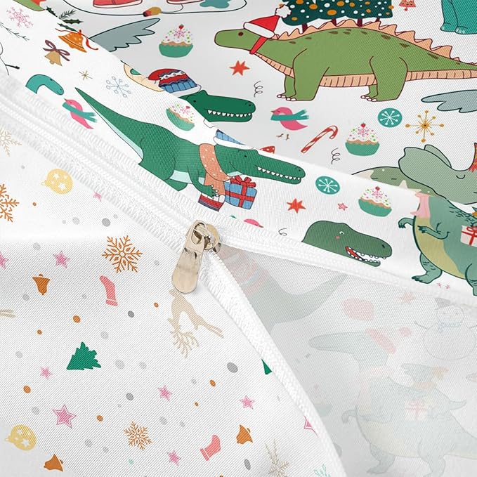 Feelyou Christmas Dinosaur Decorative Comforter Cover Queen Size Cartoon Snowman Duvet Cover Xmas Bow Snowflake Bedding Set Gifts for Kids Boys Girls 2 Pillow Cases