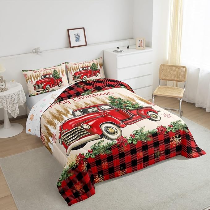 Erosebridal Merry Christmas Full Bedding Set Red Truck Comforter Sets for Kids Boys Girls Teens Room Decor,Xmas Tree Down Comforter Red Black Buffalo Plaid Decor Bed Set Car Printed Themed Quilt Set
