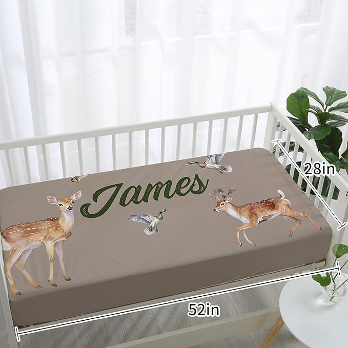 Custom Baby Crib Bedding Set,Personalized Name Army Green Deer Theme Nursery Bed Set 4 Piece,Baby Blanket Fitted Sheet Nursery Rug Wall Art Set,Custom Room Decor Idea Gift for Newborns Boys Girls
