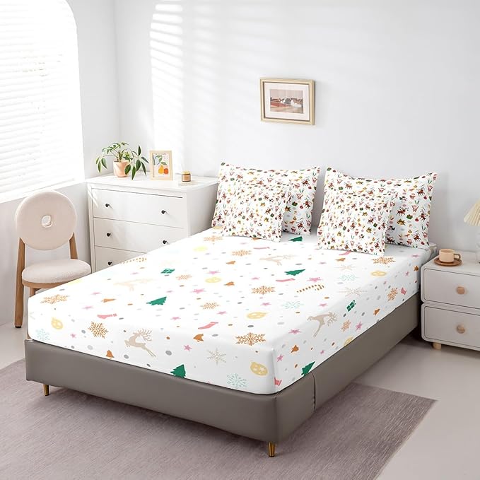 Christmas Kids Bed Set Cute Snowman Santa Claus Bed in a Bag Boys Girls Cute Reindeer Comforter Set with Sheets Christmas Bells Cartoon Design Bedding Set Bedroom Collection Full Size