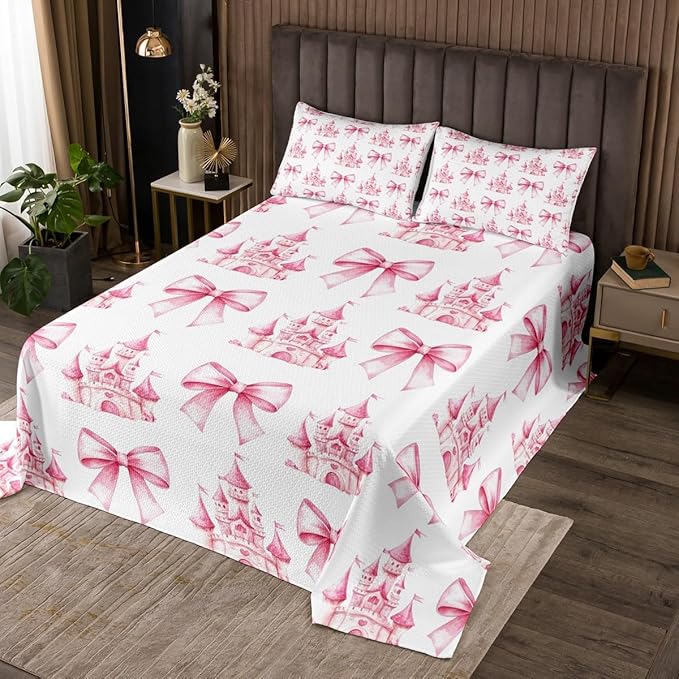 Pink Bowknot Kids Bedspread King Size,Castle Tale Princess Toddler Coverlet Set,Girls Women Room Decor,Bow Tie Butterfly Knot Girlish Quilted Coverlet,Romantic Fashion Bedding Quilt,2 Pillowcases