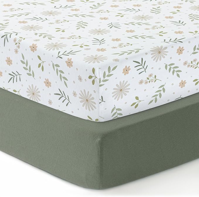 Dreamology Crib Sheets Cotton, 100% Cotton Fitted Crib Sheet, 2 Pack, Standard Crib Sheet, Cotton Crib Sheets fitted Girls,Boys,Crib Mattress Sheet,Toddler Bed Sheets, 28x52 Crib Sheet | Green,Flowers