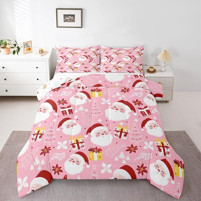 jejeloiu Santa Claus Comforter Set Twin Size Merry Christmas Bedding Set for Kids Boys Girls Xmas Themed Duvet Quilt Pink Bedroom Decor