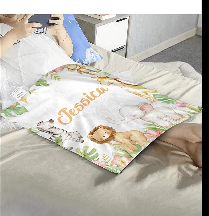 Personalized Safari Cute Animals Tropical Baby Blanket with Name for Girls Boys Custom Nursery Kids Blankets for Baby Shower Birthday Gifts Customized Baby Throw Soft Fleece 30 x 40 inch