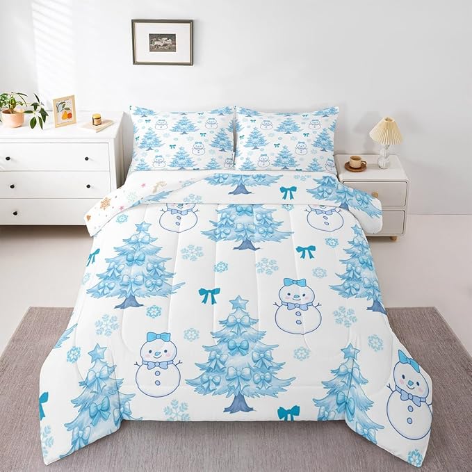 Feelyou Merry Christmas Bedding Set Soft for Boys Girls, Cute Snowman Comforter Set Toddler Size Cartoon Bowknot Duvet Quilt Microfiber Christmas Tree 2 Pcs with 1 Pillow Cases
