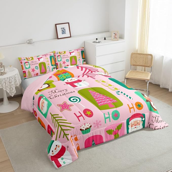 Erosebridal Christmas Kids Comforter Set Toddler Size Cartoon Santa Claus Quilts Boys Girls Room Decor Merry Xmas Penguin Bedding Set Christmas Tree Snowman Down Comforter,Pink