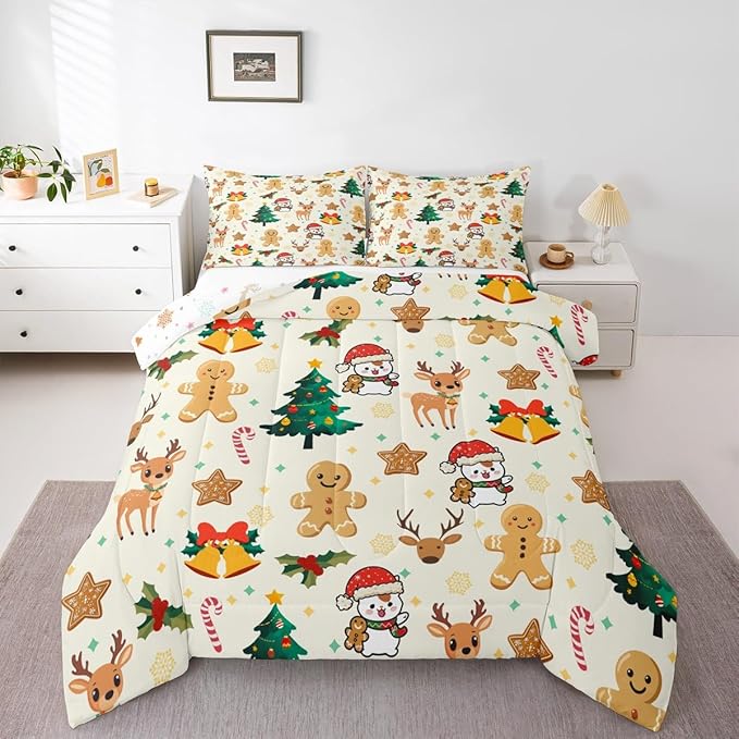 Feelyou Merry Christmas Kids Comforter Set Queen Size Gingerbread Man Bedding Set Cute Deer Duvet Quilt for Kids Boys Girls Bedroom Christmas Tree Decor Microfiber Ultra Soft Breathable