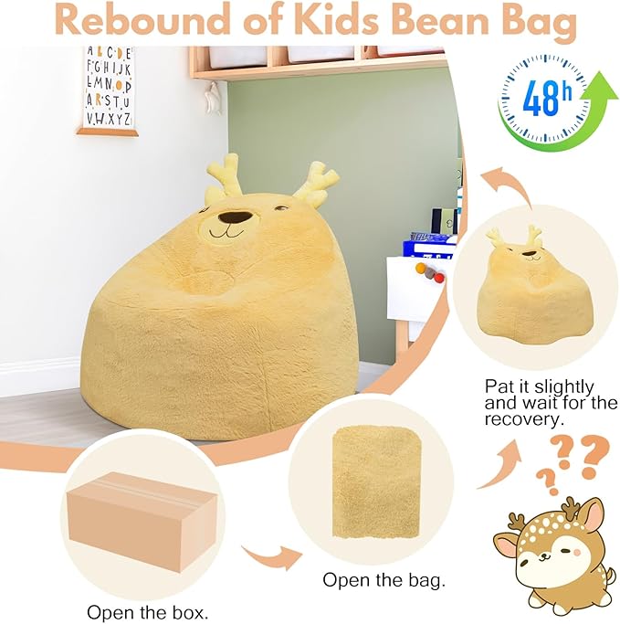 COMAX Bean Bag Chairs for Kids, Toddler BeanBag Sofa with Filler Bean Couch Stuffed for Boys and Girls, Lazy Floor Chair for Playroom, Nursery Room, Deer