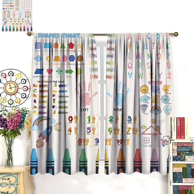 Kids Educational Alphabet Curtain,Boho Watercolor Alphabet Pastel Numbers Shapes Colors for Girls Child Nursery Home Kids Printed Rod Pocket Blackout Window Drapes for Bedroom Living Room 42"W X 45"L