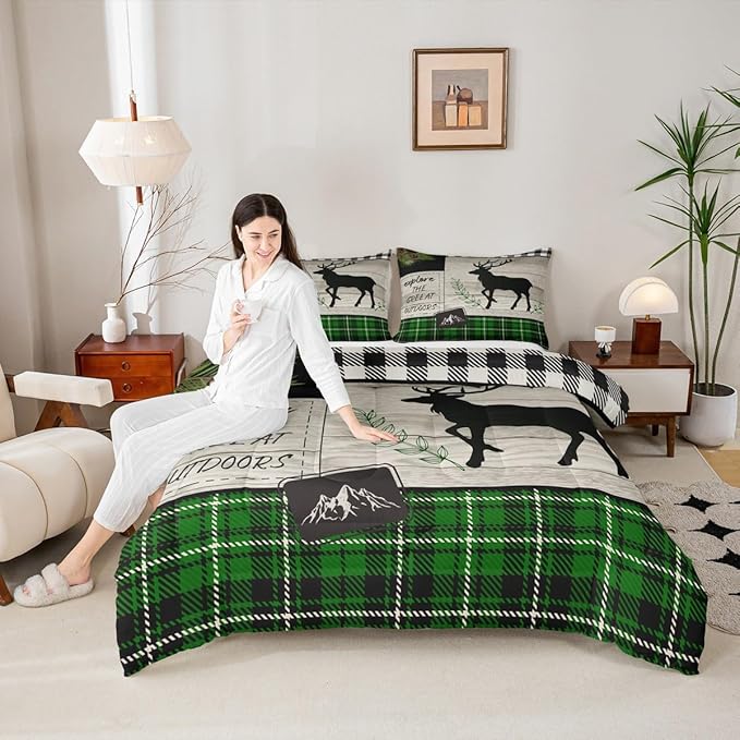 Elk Silhouette Kids Comforter Set King Size,Palm Leaves Old Plank Bedding,Girls Boys Adults Bedroom/Xmas Cabin Decor,Camper Explore Down Comforter,Geometric Grids Plaid Duvet Insert,2 Pillowcases