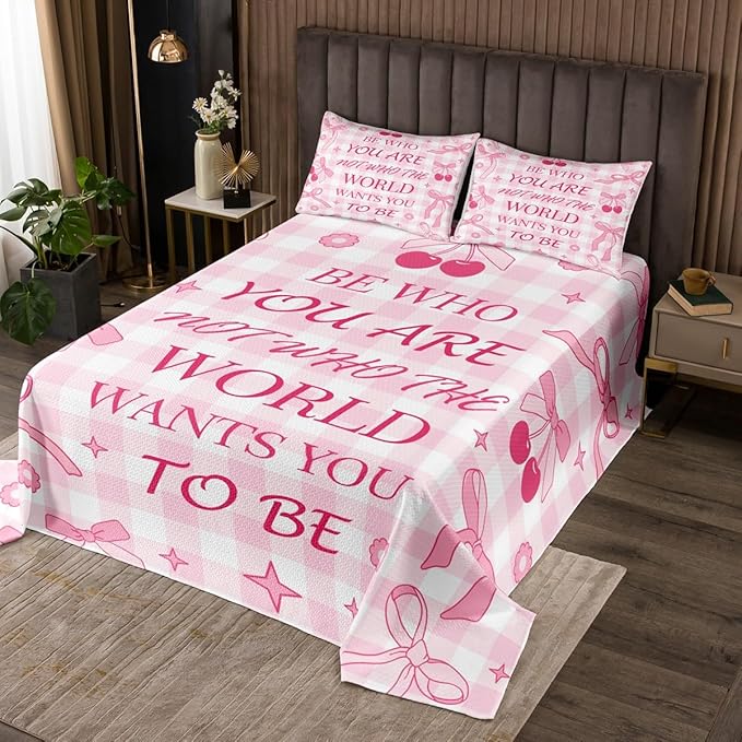 Manfei Pink Bowknot Kids Bedspread King Size,Cherry Star Daisy Flowers Princess Coverlet Set,Girls Women Room Decor,Bow Tie Geometric Plaids Quilted Coverlet,Cute Dreamy Bedding Quilt,2 Pillowcases
