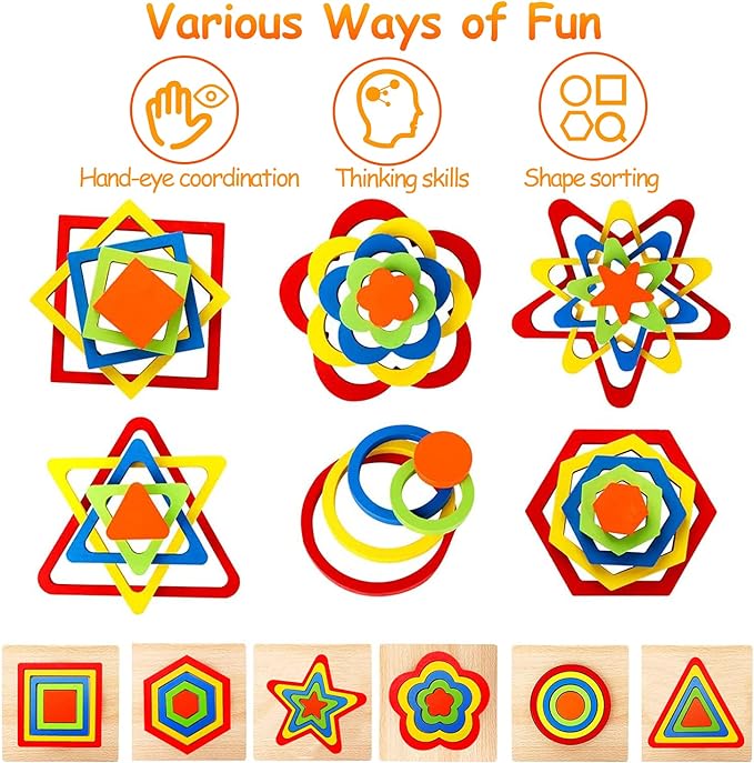 Toddler Puzzles Montessori Toy Wooden Shape Sorting Puzzle Sensory Toy Toddler Activities Preschool Learning Educational Autistic Developmental 1 2 3 Year Old Girl Boy 1-3 Dementia Game Easter Gift