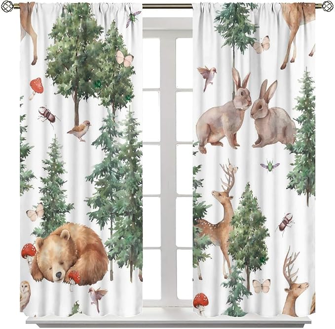YCness Forest Animal Curtains, Wild Animals Watercolor Woodland Bear Rabbit Cartoon Window Treatments for Kids Bedroom Living Room Kitchen Living Room Drapes, 63x72 Inch