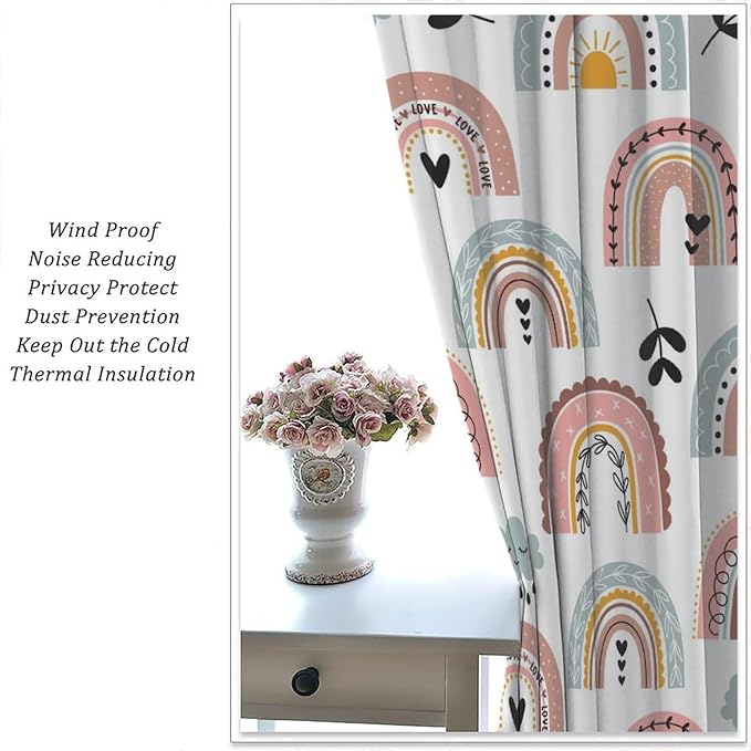 Kids Rainbow Curtains Boho Cartoon Colorful Stars Love Heart Lovely Abstract Art Pattern Print Window Drapes for Girl Bedroom Living Room Kitchen Decor,2 Panel Set,84Wx84H Inch Blackout