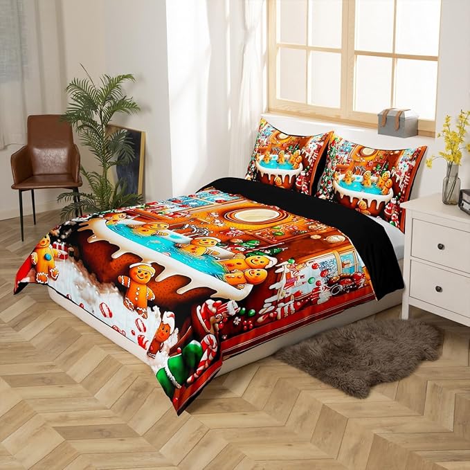 Feelyou Kids Gingerbread House Duvet Cover, Funny Gingerbread Man Bedding Set King Size, Merry Christmas Comforter