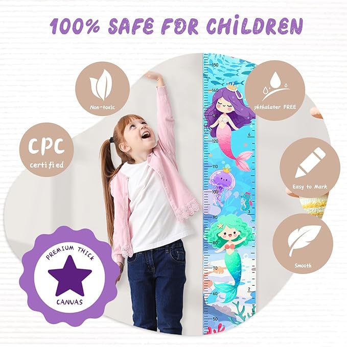 Personalized Name Height Chart for Kids, Kids Growth Chart for Wall, 59" X 7.9" Canvas Removable Height Chart Measuring Ruler for Kids & Baby(Painted Ocean）