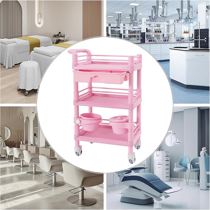 Medical Mobile Trolley Cart with 1 Drawers & 2 Trash Cans, 3 Tiers Portable Beauty Salon Rolling Trolley on Wheels, Medical Mobile Trolley Cart for Hospital Clinic Home, Pink