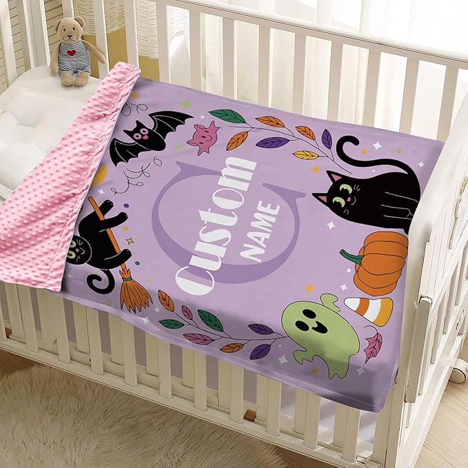 Personalized Halloween Blanket for Girls, Custom Baby Blanket with Name, Ghost & Bat Pattern Soft Minky Dot Blanket, Halloween Decor Christmas Birthday Gifts for Kids Toddlers