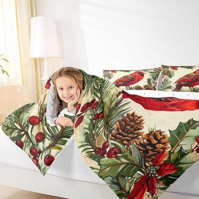 jejeloiu Kids Red Cardinal Comforter Set King Size Christmas Tree Green Plants Bedding Set for Boys Girls Teens Xmas Birds Animal Winter Happy New Year Duvet Quilt Room Decor