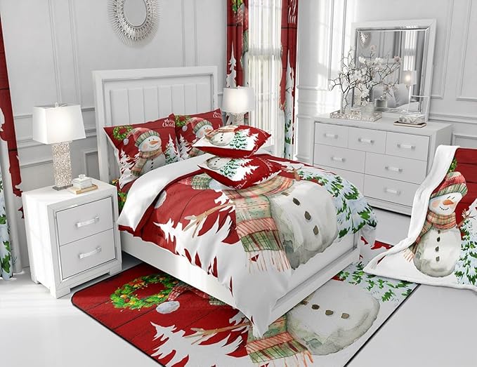 Merry Christmas Duvet Cover Set Full Size, Cute Snowman and Xmas Tree Print Comforter Cover with 2 Pillowcases, Red Wooden Stripe Print Bedding Set 3pcs for Kids Girls Bedroom Decor,No Comforter