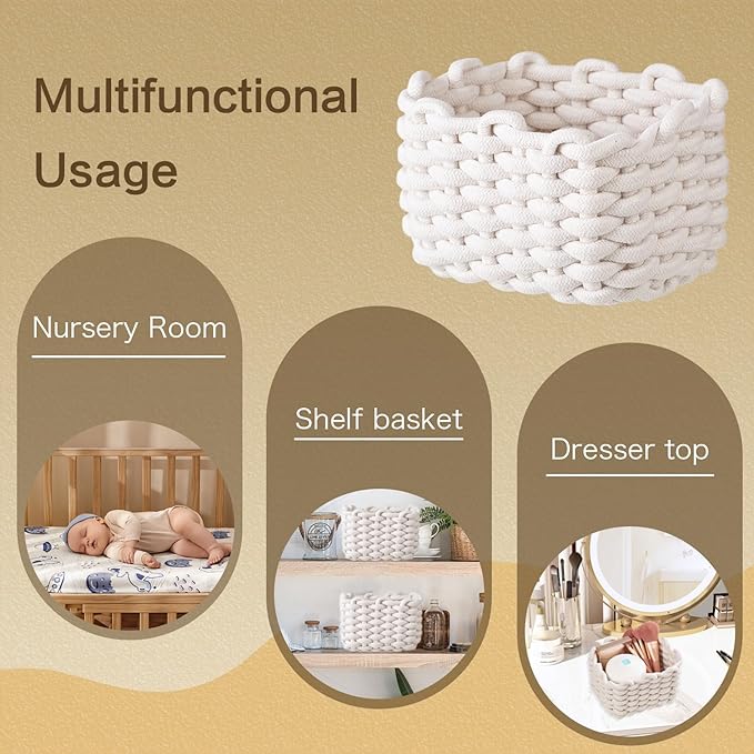 Small Storage Square Basket for Organizing, Cute Bedside Caddy for Little Items, Cotton Rope Woven Basket for Shelves, Bathroom, Dresser Top, Desk, Minimalist Chic Design for Nursery, Bedroom, Office