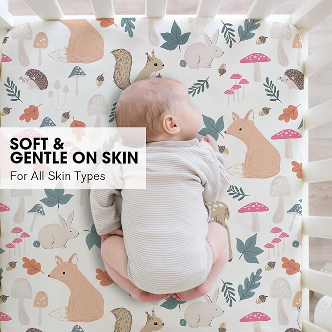 Little Grape Land Crib Sheets for Boys and Girls, Soft Microfiber Fitted Baby Crib Sheet Set for Standard Crib and Toddler Mattress, Snug & Durable (Woodland Animals)