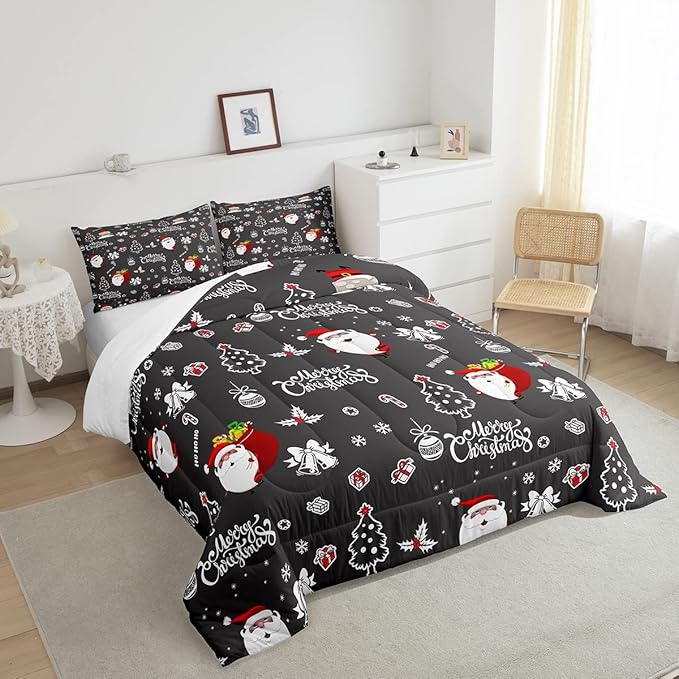 Christmas Comforter 3 Pieces Santa Claus Comforter Set White Snowflake Christmas Printed Xmas Festival Bedding Set with 2 Pillowcases (King, Grey Black)