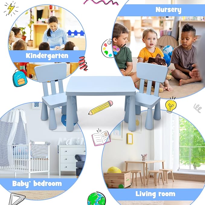 HONEY JOY Kids Table and Chair Set, Plastic Children Activity Table and 2 Chairs for Art Craft, Easy-Clean Tabletop, 3-Piece Toddler Furniture Set for Daycare Playroom, Gift for Boys Girls(Blue)