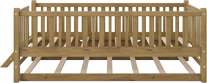 Twin Size Platform Bed with Guardrail and Trundle, Wood Kids Platform Bed Frame with Two-Step Ladder for Boys Girls, Sturdy Slats Support (Walnut-1.26T)