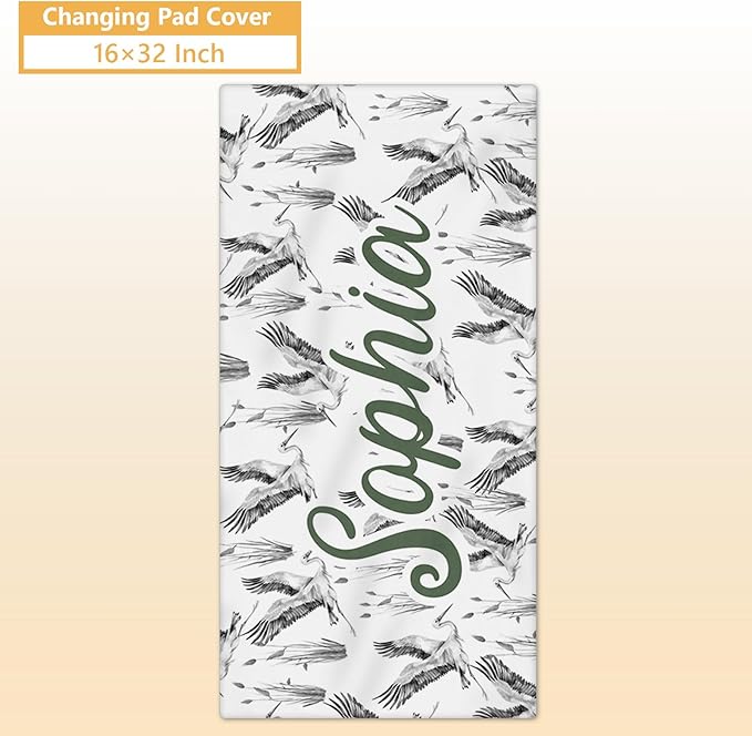 Custom Baby Crib Bedding Set, 5 Pcs Personalized Name Baby Crib Sets for Infant Toddler, Green Crane Nursery Bedding Set for Boy Girl, Double Layer Flannel Baby Bedding Sets Customized Gifts