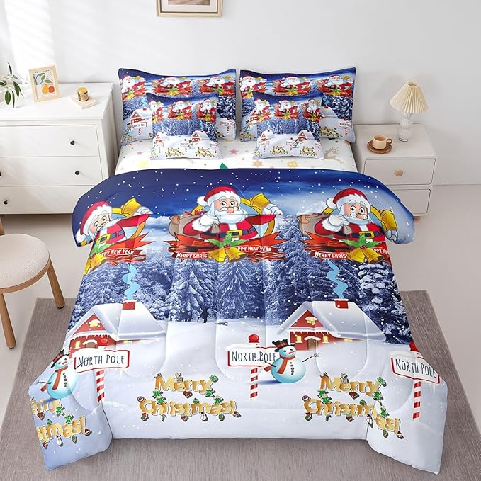 Feelyou Kids Christmas Bed in a Bag Xmas Santa Claus Queen Size Bed Set for Boys Girls Merry Christmas Warmth Comforter Set with Sheets Galaxy Blue Decor Bedding Set Bedroom Collection Boys