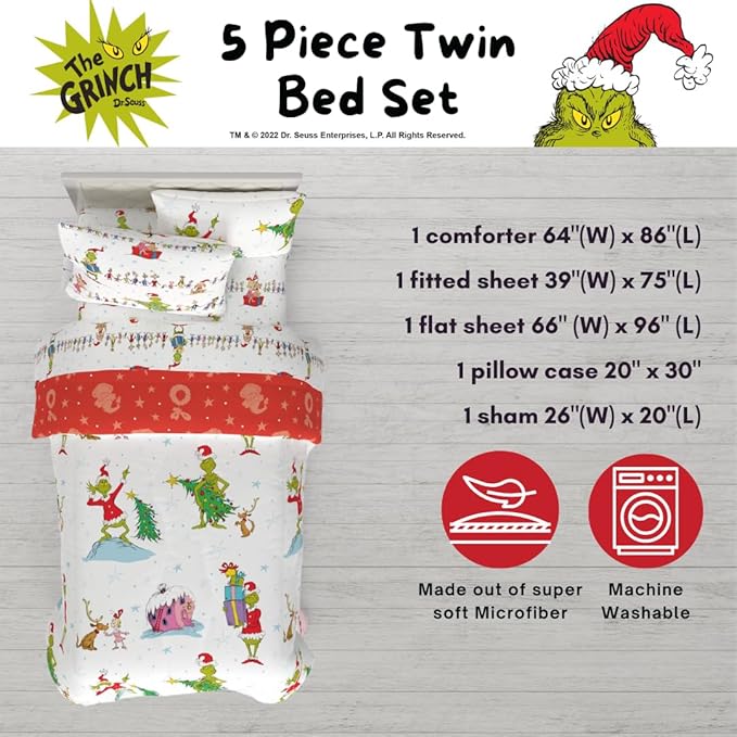 Grinch by Dr. Seuss Holiday & Christmas Bedding Soft Comforter and Sheet Set with Sham, 5 Piece Twin Size, (Official Dr. Seuss Product) by Franco
