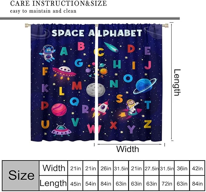 Alphabet Curtains Kids Outer Space Cartoon Universe Planet Educational Learning Curtain with Rod Pocket for Bedroom Nursery Decor Drapes Window Treatments 2 Panels Set 42" W X 45" L