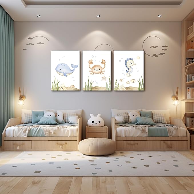 Wodkwq Ocean Nursery Decor, Set of 3, 12x16 Inch Framed Canvas Prints, Under The Sea, Boys Room, Kids Bathroom, Bedroom Wall Art