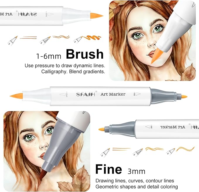 SFAIH Skin Tone Alcohol Markers Brush & Fine - 37 Portrait Color Permanent Markers for Adults/Teen/Artists/Creators, Blendable Art Markers for Coloring Sketch & Drawing & Illustration-Refillable Ink