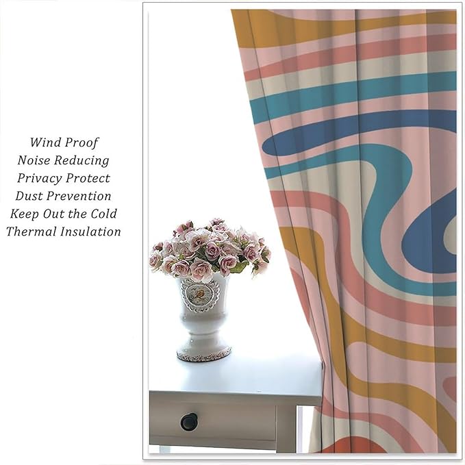 70S Abstract Wavy Swirl Curtain for Bedroom Windows,Retro Boho Minimal Teen Girls Kids Living Room Restroom Window Treatments Drapes 52" W X 84" L