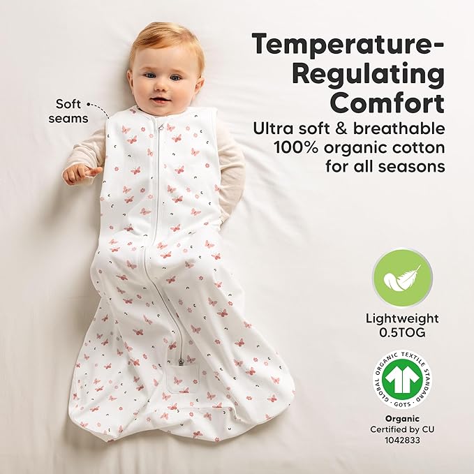 2-Pack Baby Sleep Sacks, Zipper Wearable Blanket - 0.5TOG Organic Cotton, Lightweight, Soft Cozy Infant Sleeping Sack 3-6 months,Easy to Wear Small Newborn Transition Swaddles Sleepsacks (Butterflies)