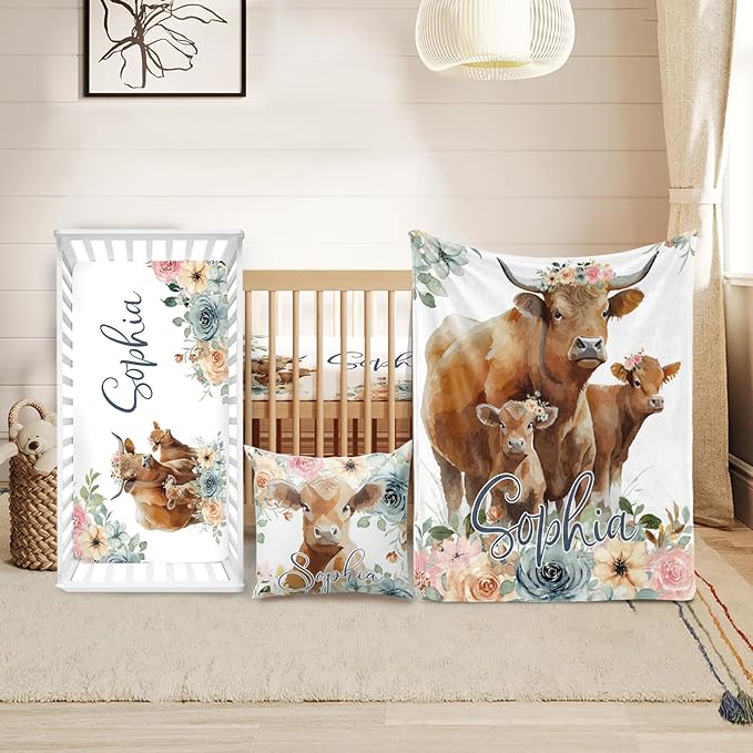 Custom Crib Bedding Set - Highland Cow Design Personalized Name Baby Nursery Bedding 3 Pcs Set - Chic Soft Blanket, Sheet, Pillowcase for Newborns Boys Girls Gifts Color26