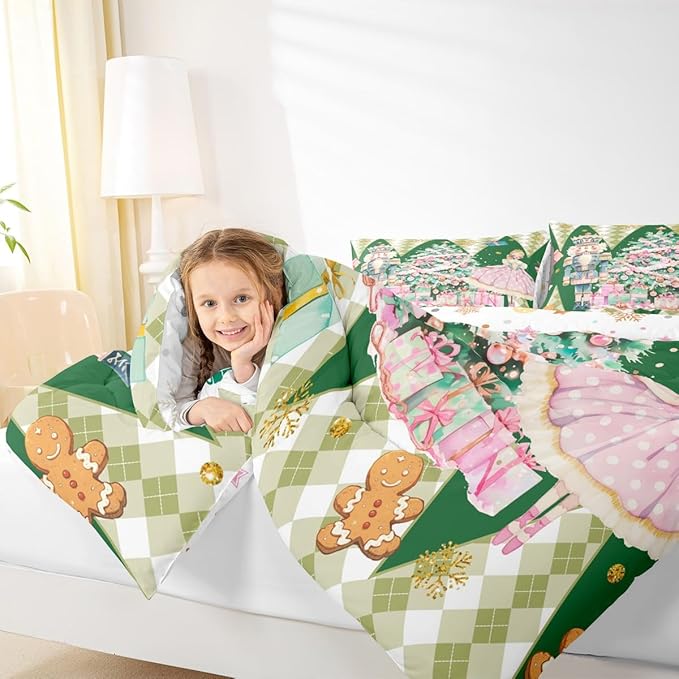jejeloiu Christmas Nutcracker Comforter Set Queen Size Gingerbread Man Bedding Set for Kids Boys Girls Xmas Tree Duvet Quilt Green Bedroom Decor
