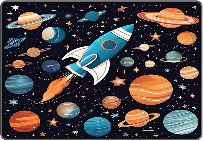 6' x 9' Space Rocket Rug for Kids Bedroom Cartoon Planet Stars Rugs Galaxy Carpet Printed Throw Rugs for Boys Children Living Room,180x275cm
