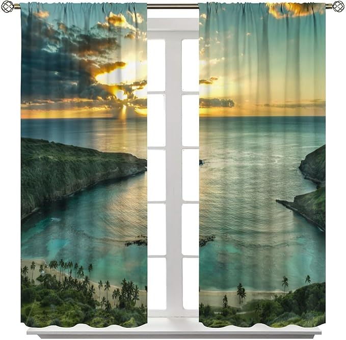 Ocean Beach Curtains,OceanMorning Sunrise Hawaiian Seaside Scene Pattern Blackout Print Home Bedroom Living Room Window Treatments 2 Panel Set 42x45 Inch