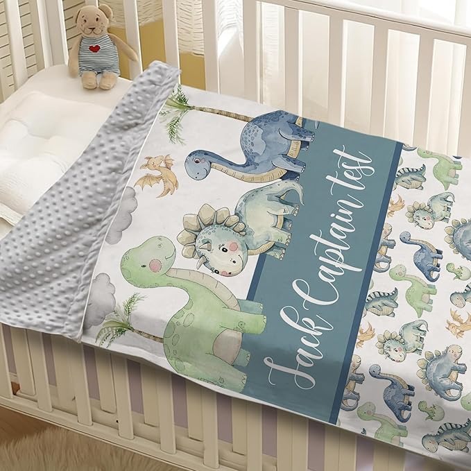 Personalized Baby Name Blanket for Boy Girl, Soft Flannel Blanket with Double Layer Dotted Backing for Newborn, Nursery Crib with Green Dinosaur Design, Baby Blanket Customized Gifts(60" x80)
