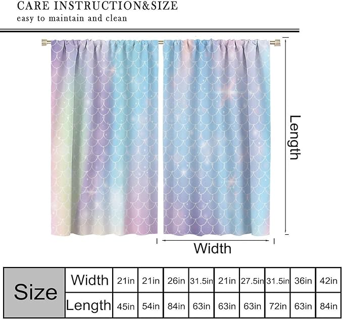 Mermaid Curtains, Kids Cartoon Watercolor Sea Animals Mermaid Princess Scales Pattern Print Living Room Decoration for Kids Girls Bedroom Nursery 63x72 Inch