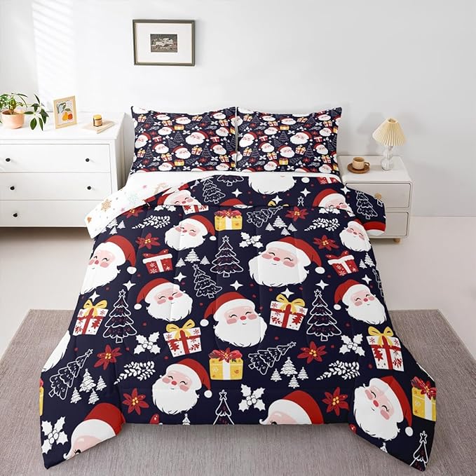 jejeloiu Santa Claus Comforter Set Queen Size Merry Christmas Bedding Set for Kids Boys Girls Xmas Themed Duvet Quilt Dark Blue Bedroom Decor