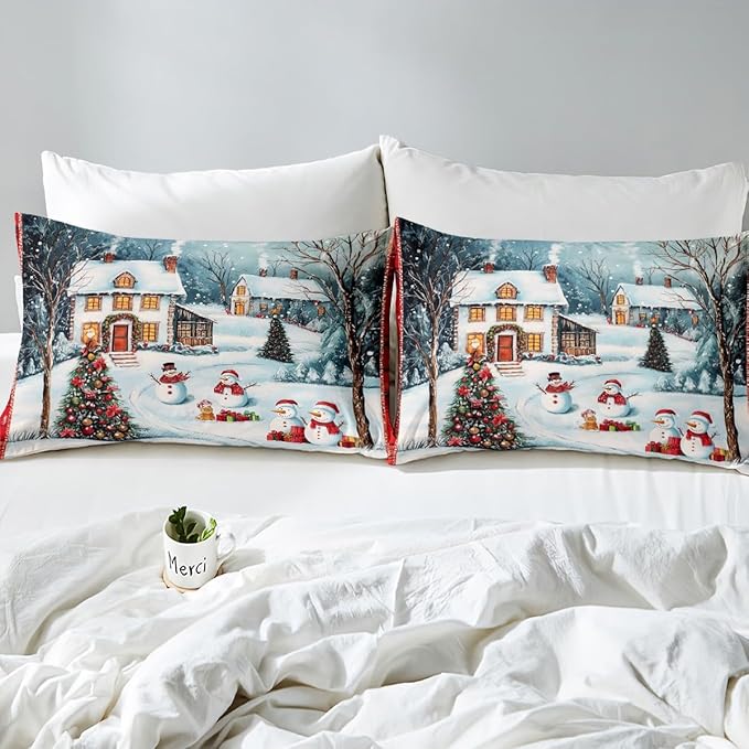 Manfei Christmas Duvet Cover Set Twin Size, Cute Snowman Xmas Tree Bedding Set for Kids Boy Girls Room Decor, New Year Theme Comforter Cover, Lightweight Bedspread Cover, 1 Pillowcase, No Comforter